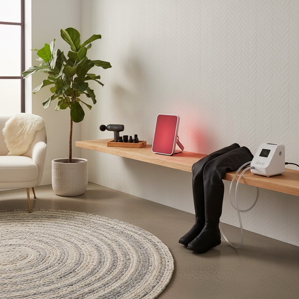 Home wellness corner with multiple recovery tools