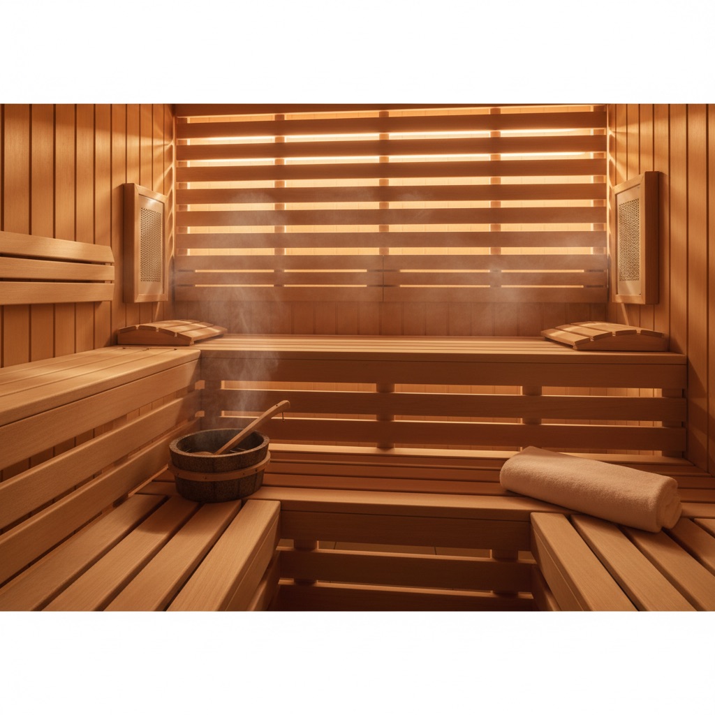 Infrared sauna cabin interior with warm ambient lighting